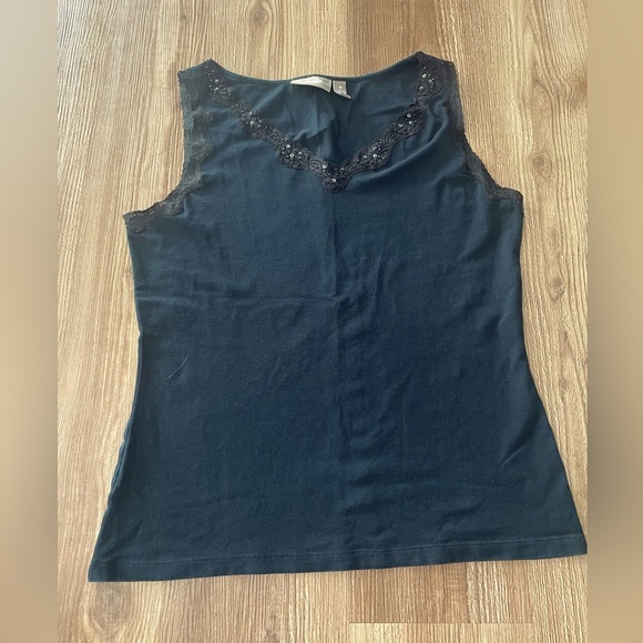 Croft and Barrow Stretch Tank Sequin Lace Trim Black - Picture 1 of 6